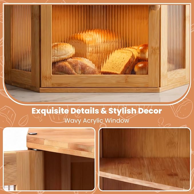 Corner Bread Box for Kitchen Countertop: Bamboo Storage Container for Homemade Bread, Two Layer Breadbox under Cabinet Mount, Large Bread Holder for Kitchen Counter, Pantry Shelf