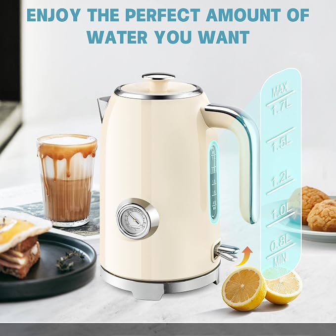 SUSTEAS 57oz Electric Kettle with Thermometer, Hot Water Pot, Beige | Electric Tea Kettle for Boiling Water, 1500W Stainless Steel Pot, Cordless LED Indicator, Auto Shut-Off & Boil Dry Protection