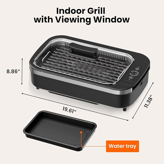Electactic Electric Smokeless Indoor Grill & Griddle, Nonstick Contact Grill, Dishwasher Safe Parts, 6-Level Temperature Control with Auto Shut-Off, for Kitchen, Apartment, Indoor Cooking