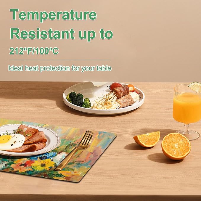 Spring Floral Placemats Set of 4 - Faux Leather Heat Resistant Placemats for Dinner Table, Non-Slip Waterproof Oil-Proof Washable Reusable Placemat for Indoor Outdoor Kitchen, 15.75In*11.81In