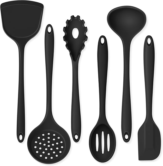 Onader Cooking Utensils Set of 6, Black Silicone Kitchen Cooking Utensils Set for Nonstick Cookware, Non Toxic & Dishwasher Safe