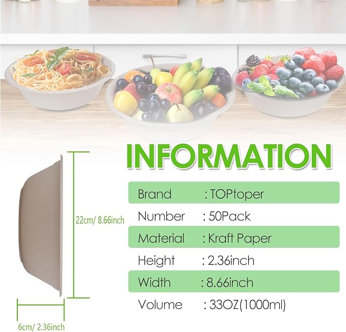 TOPtoper 33Oz 50Pack Large Paper Bowls, Disposable Bowls Bulk Leakproof and Microwave Safe for Hot or Cold Use (33 OZ)