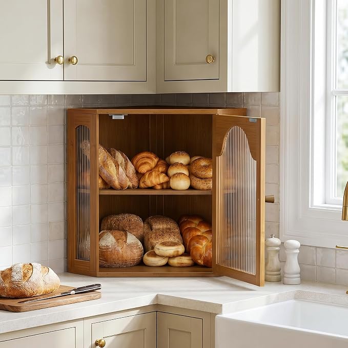 2-Tier Corner Bread Box for Kitchen Countertop with Acrylic Wavy Door Panel | Bread Storage for Homemade Bread, Large Bamboo Vintage Farmhouse Bread Bin, Cabinet Cupboard Pantry, Caramel, Extra Large