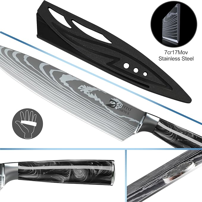 Chef Knife Sets with Roll Bag, 9 Pieces Professional Knife Set | High Carbon Stainless Steel Kitchen Knife Set with Sharpener, Black Resin Handle, Kitchen & Home Cooking, Dishwasher Safe