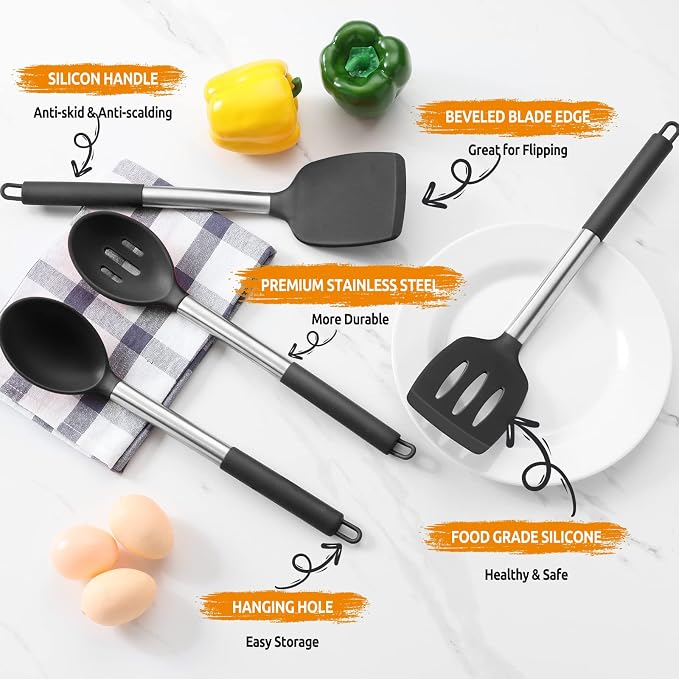 E-far Silicone Cooking Kitchen Utensils Set of 4 for Non-stick Cookware | Heat Resistant & Non-toxic, Includes Slotted Spatula Solid Spoon Turner, For Flipping Mixing Serving Basting, Black