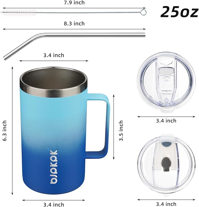 BJPKPK 25oz Insulated Coffee Mug with Handle, Stainless Steel Travel Mug | Keeps Drinks Hot & Cold, Double Wall Vacuum, 2 Lids Included, BPA-Free Coffee Tumbler for Home, Office & Travel