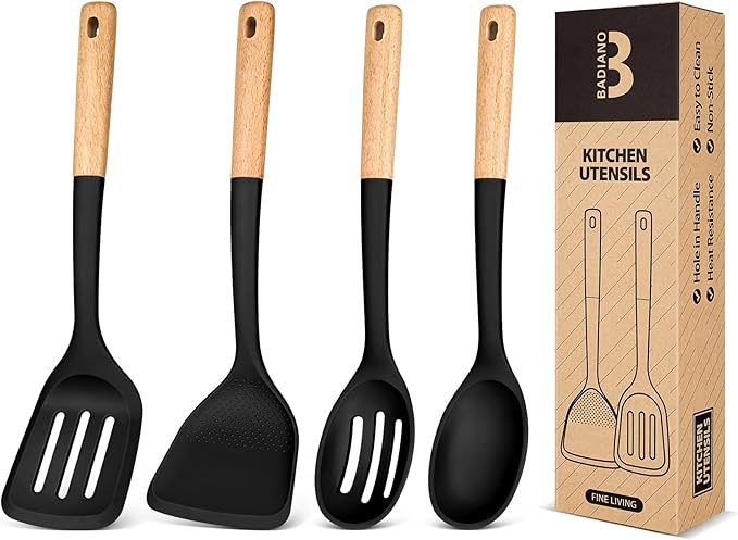 Silicone Cooking Utensils Set, Safe for Nonstick Cookwares, Black | Perfectly Angled for Frying, Mixing,Serving,Draining,Turning and Stirring, BPA-Free Matte Silicone, Wood Handles,4 Pack