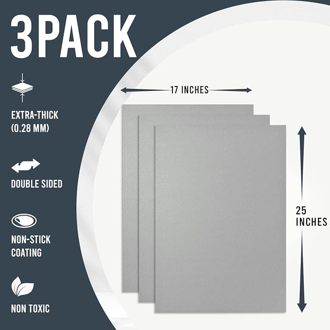 Oven Liners for Bottom of Oven - 17"x 25" Large Heavy Duty Non-Stick 3 Pack | Resistant to 500°F, BPA & PFOA Free, Reusable, Fits Electric, Gas, Toaster, Microwave Ovens & Grills, Spill Guard, Silver