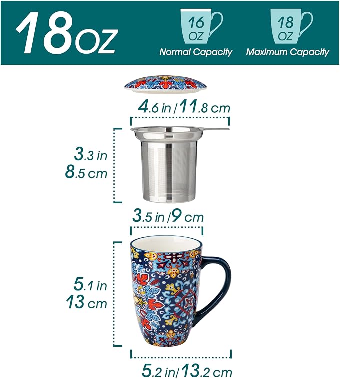 vancasso Ceramic Tea Mug with Infuser and Lid, 18 Ounce Bohemian Loose Leaf Cup, Microwave & Dishwasher Safe, Perfect for Tea, Coffee, Royal-Crimson Flourish