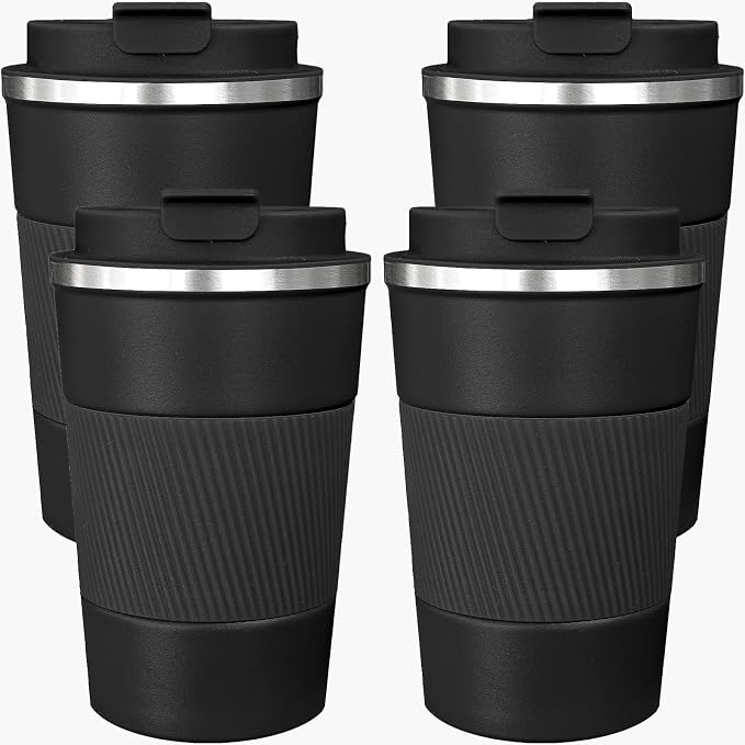 4 Pack Insulated Coffee Mug with Lid 12oz Travel Coffee Tumbler Stainless Steel Reusable Coffee Cups Thermal Coffee Mug for Hot and Iced Cold Drinks, Black