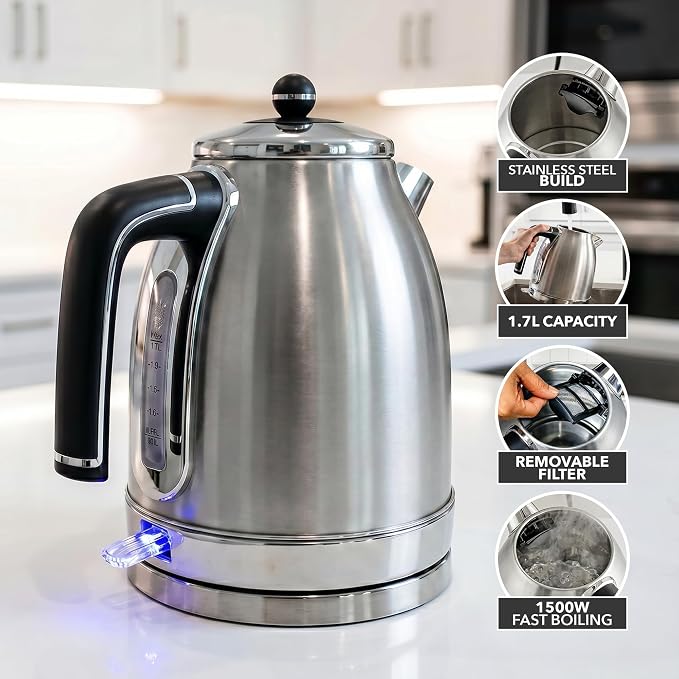 OVENTE 1.7L Stainless Steel Electric Kettle, 1500W Power, Silver KS777S | Fast Boiling Heater, BPA Free, Cordless Body Design, Auto Shut-Off, Boil-Dry Protection, Indicator Light and Removable Filter