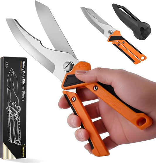 Chenovate® Heavy Duty Kitchen Scissors,Kitchen Shears with Knife & Scissor Switch Lock,Food Scissors Fit for Poultry Bones,Turkey,Meat Cutting,Veggies,Fish,Pizza (orange)