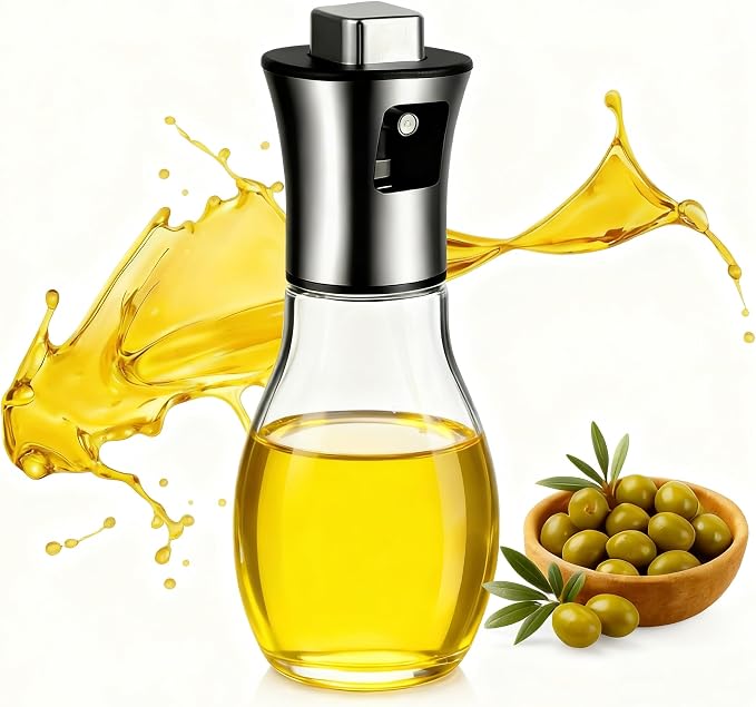 Oil Sprayer for Cooking - Olive & Avocado Oil Spray Bottle, Food Grade Glass Mister with Adjustable Nozzle, 2-in-1 Dispenser for Kitchen, BBQ, Baking