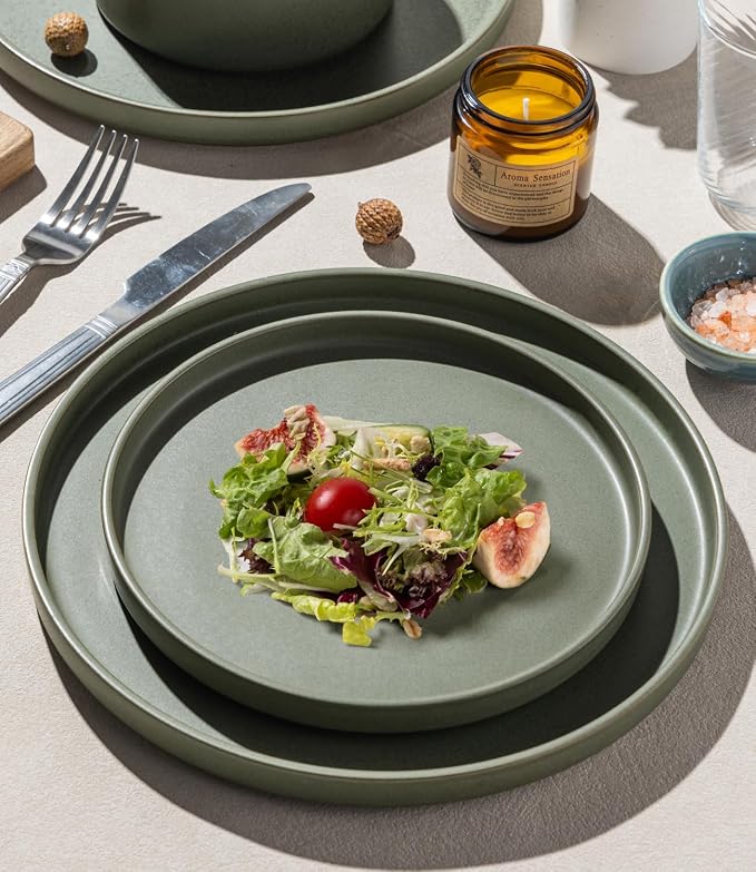LERATIO Stoneware Dinnerware Sets for 4,12-Piece Matte Plates and Bowls Set | Handmade High Edge Rim Dish Set,Oven & Microwave,Dishwasher Safe,Scratch Resistant-Green