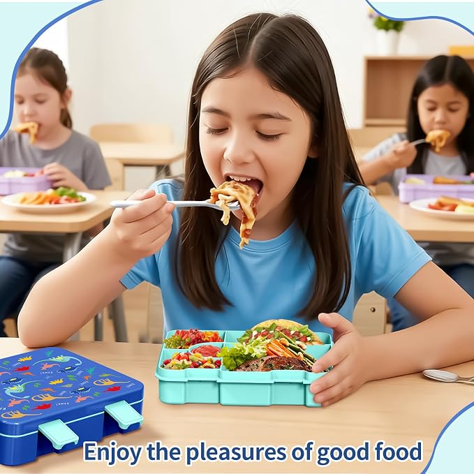 Bento Lunch Box for Kids, Leak-Proof 5-Compartment Cute Lunchbox for Boys Girls, Drop-Proof, Food Container Microwave & Dishwasher Safe, Back to School Supplies for Ages 3 to 7, Blue/Dinosaur