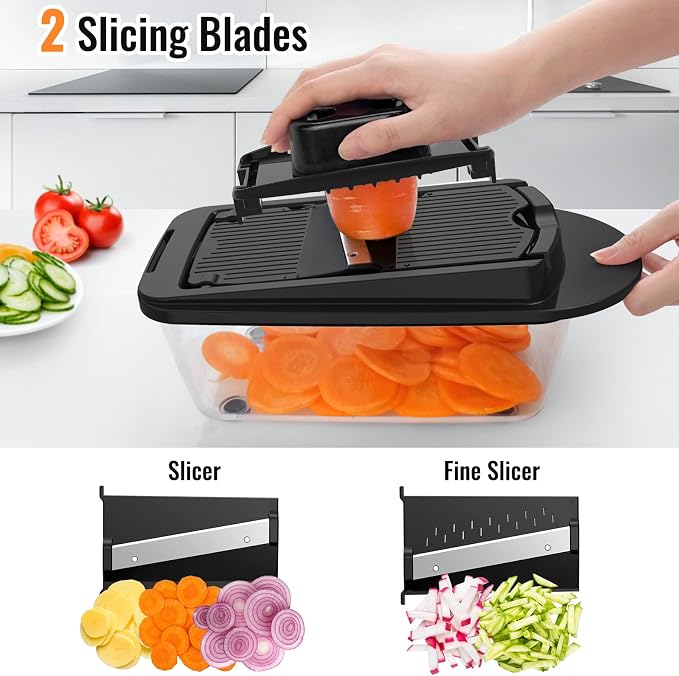 8 Blade All-in-1 Vegetable Chopper Mandoline Slicer with Container, Black | Food Chopper, Onion Chopper, Veggie Cutter for Salad, Kitchen Gadgets Accessories Essentials