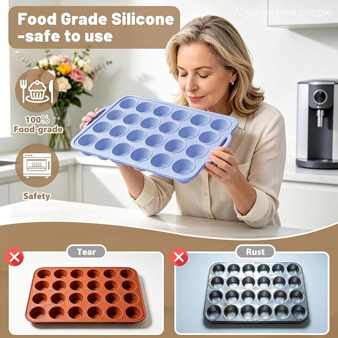 Mini Silicone Muffin Pan with Frame Non Stick Cupcake Tin Baking Mold | Silicone Cupcake Pan with Handles 24 Cup, BPA Free Silicon Muffin Tin Tray Small for Baking, Egg Bites, Cupcake Mold Blue