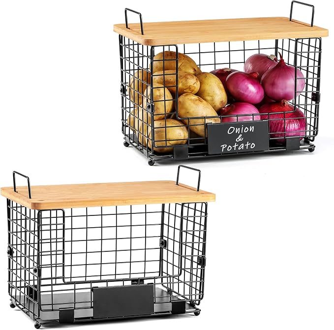 2 Set XL Stackable Wire Basket with Bamboo Tops & Tags- Pantry Organizer and Storage Bins, Kitchen Counter Cabinet Shelf Countertop Under Sink Organizing, Food Snack Produce Onion Potato Bread Storage