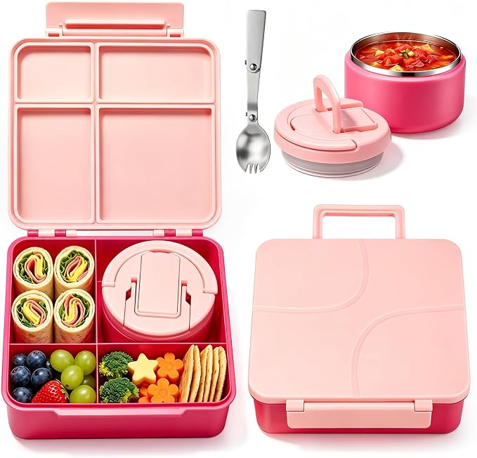 Bento Lunch Box for Kids with 8oz Soup Thermo,Kids Leakproof Lunch Food Containers with 4 Compartment,Kid Insulated Thermo Hot Food Jar for School,Trvael-Pink