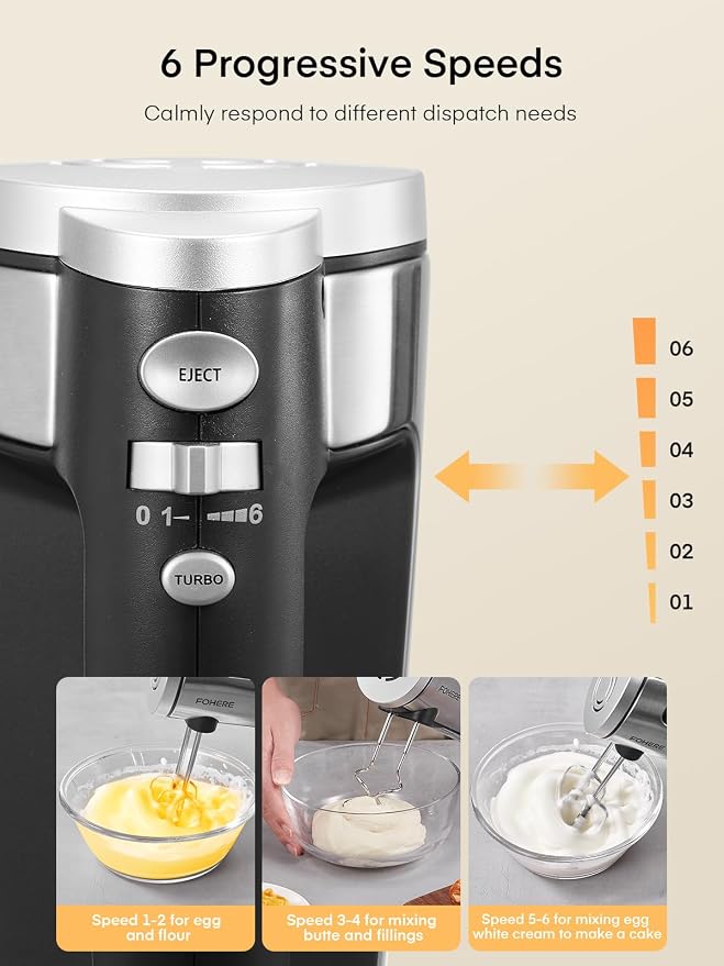 Hand Mixer Electric Handheld, 6 Speed & Turbo Electric Mixer, 300W Handheld Mixer with 2 Stainless Steel Whisk and 2 Dough Hook for Whipping, Mixing Cookies, Brownie, Cakes, Dough Batters, Silver