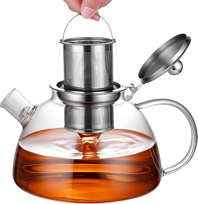 Ehugos Glass Teapot with Removable Infuser, 1300ml/44 oz Stovetop Safe Hand Crafted Clear tea kettle for Loose Leaf Tea, Hot/Iced Water, Juice Beverage