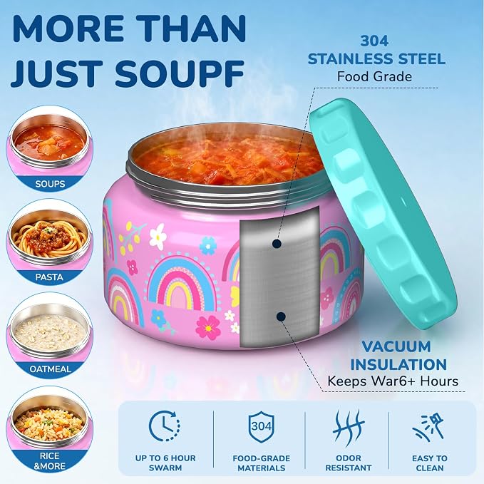 Bento Lunch Box for Kids–12oz Insulated Stainless Steel Soup Jar and Built-in Ice Pack, 3-Compartment Leak-Proof Kids Bento Box for Girls Boys School Travel