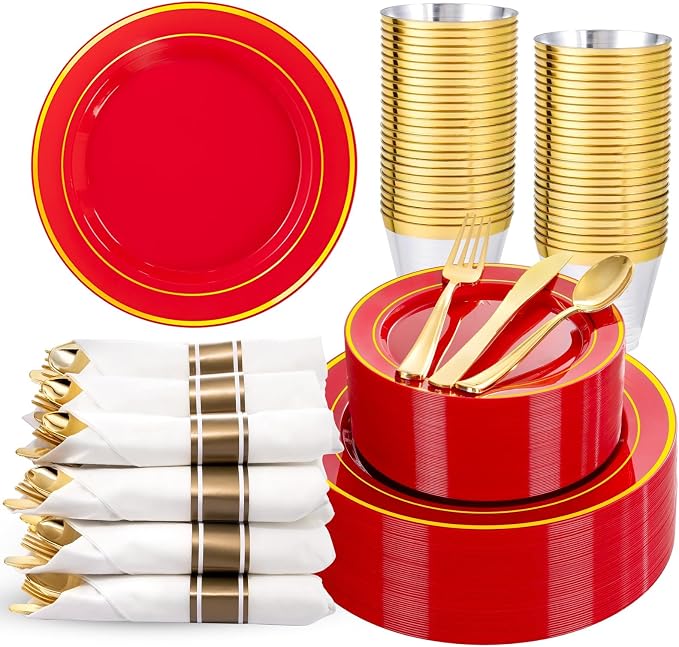 350Pieces Red Plastic Plates with Gold Rim Include 50Dinner Plate 10inch 50Dessert Plate 7inch 50 gold Cups 9 OZ, 50 Pre Rolled Napkins for Wedding/Birthday/Christmas/Party