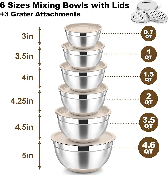 TeamFar Mixing Bowls, Stainless Steel Salad Bowl with Lid & Graters -Khaki | 6 PCS for Kitchen Baking Serving Prepping, Container for Dough Veggie Fruit, Non-Slip & Nesting, 4.6 /3.5 /2 /1.5 /1 /0.7 QT