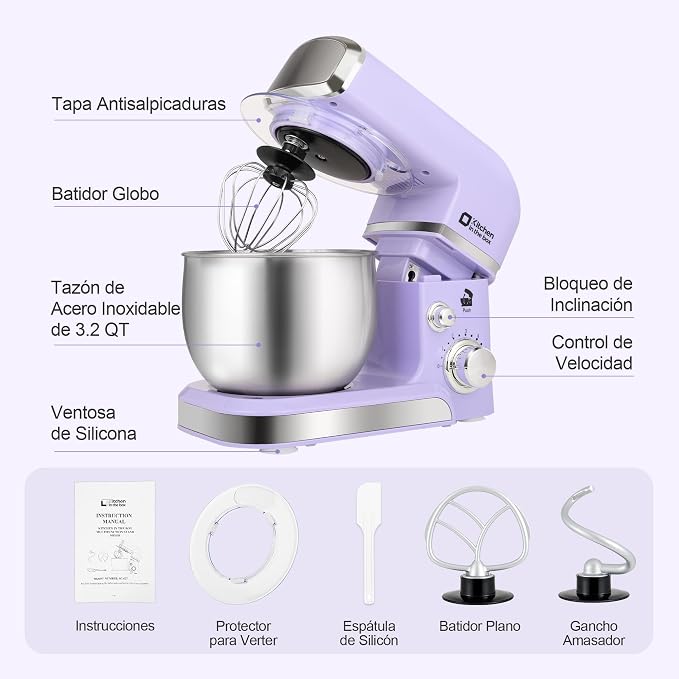 Stand Mixer, Kitchen in the box 3.2Qt Small Electric Food Mixer,6 Speeds Portable Lightweight Kitchen Mixer for Daily Use with Egg Whisk,Dough Hook,Flat Beater (Purple)