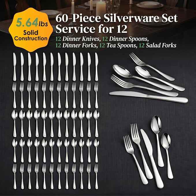 VIVANI 60-Piece Silverware Set for 12, Stainless Steel Flatware Set | Dishwasher Safe Cutlery Set, Ergonomic Handle, Rust Resistant for Large Gathering, Restaurant, Dinner Party, Housewarming