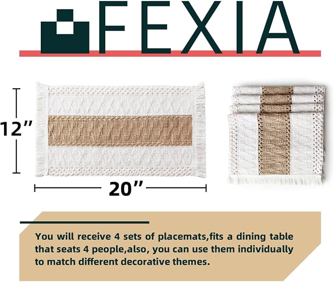 Boho Placemats Set of 4, Macrame Table Mats Farmhouse Dining Decor | 12x20" Woven Burlap Place Mat with Tassel for Kitchen and Dining Table Centerpiece Home Decorations Rustic Boho Kitchen Decor