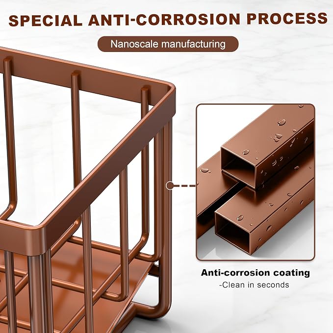 Slanted Sponge Holder for Kitchen Sink, Stainless Steel Sink Caddy Multi Sponge Holder, Small 9.65" × 3.74" × 6.3" Organizer for Apartment, Dorm, RV, Small Kitchen Countertop (Brown)