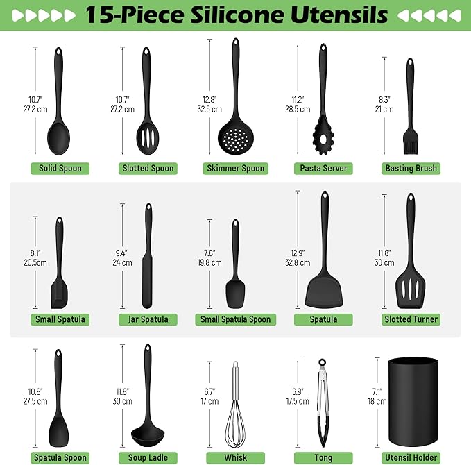 Homikit Silicone Cooking Utensil Set, 15pcs Kitchen Utensils with Holder | Black Silicone Spatula Set for Nonstick Cookware, Heat Resistant up to 446ºF, Nontoxic Baking Kitchen Tools, Dishwasher Safe