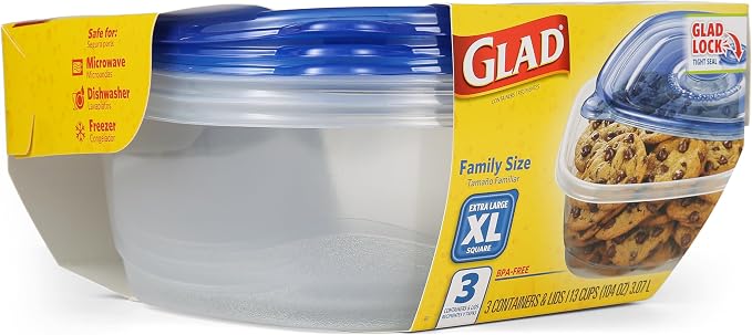 Glad GladWare XL Square Food Storage Containers, 104 Oz, 3 Count | BPA-free, dishwasher-safe containers for leftovers, meal prep, and freezer storage; family-size capacity
