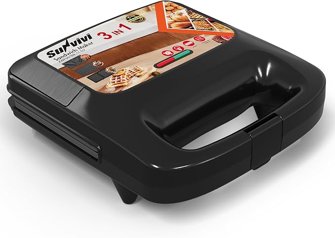 3 in 1 Electric Sandwich Maker with Removable Nonstick Plates - 800W,Black | for Belgian Waffle/Panini/Grill/Pancake Griddle/Breakfast,Dishwasher Safe,Cool Touch Handle,Easy to Clean & Store