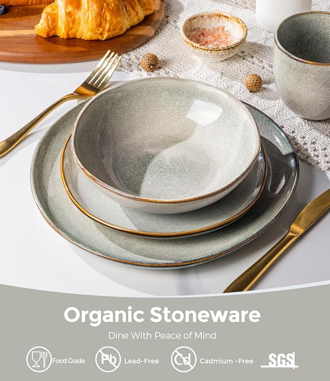 GBHOME Stoneware Dinnerware Sets for 4,12 Piece Rustic Plates and Bowls Set | Earthenware Handmade Reactive Glaze Plate Sets, Chip Resistant Ceramic Dishes, Microwave & Dishwasher Safe, Wheat Green