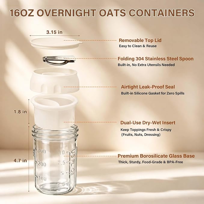 4 Pack Overnight Oats Containers with Lids & Foldable Spoon, 16oz Glass Oatmeal Jars with Divided Storage Tray, Portable Leakproof Yogurt Parfait Cups for Breakfast Meal Prep