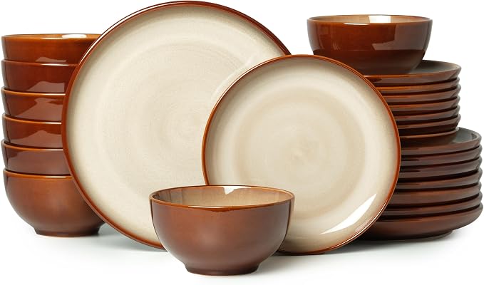 24 Piece Dinnerware Sets for 8, Modern Stoneware Plates and Bowls Sets, Perfect for Family Gatherings & Holiday Celebrations, Easy Cleaning Dish Set, Stack Compactly Dinner Set, Brown Yellow