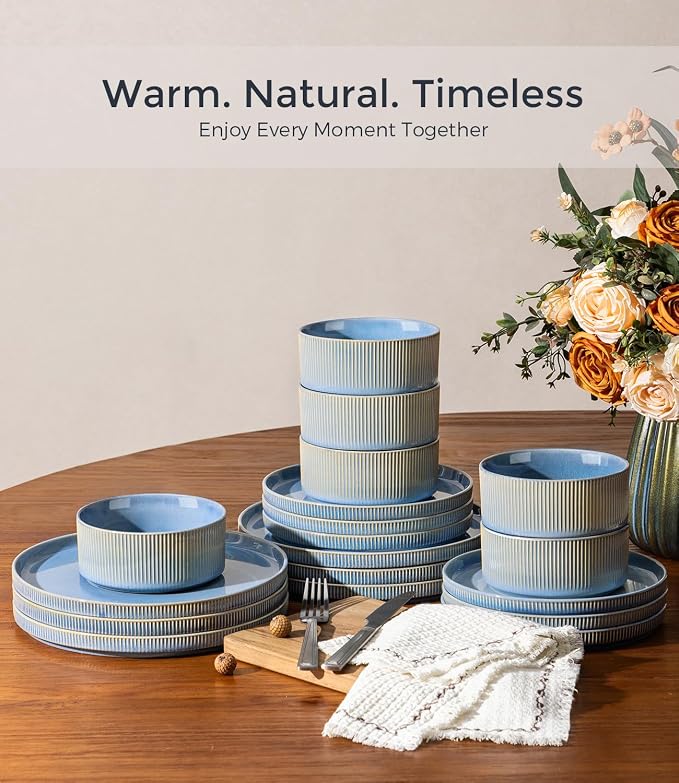 GBHOME Stoneware Dinnerware Sets for 4, 12-Piece Plates and Bowls Set | Handmade Reactive Glaze Ceramic Dish Set, Scratch Resistant, Dishwasher&Microwave Safe,Alaskan Blue