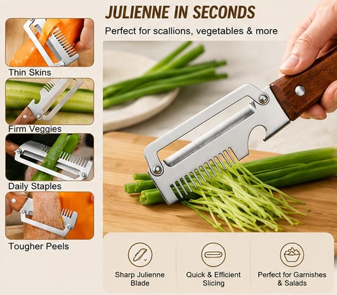 Multifunctional Vegetable Peeler,Carrot Fruit and Potato Peeler Knife, Easy-Clean Heavy Duty Stainless Steel 3-In-1 Kitchen Gadgets with Scallion Shredder and Bottle Opener, 2 Pack