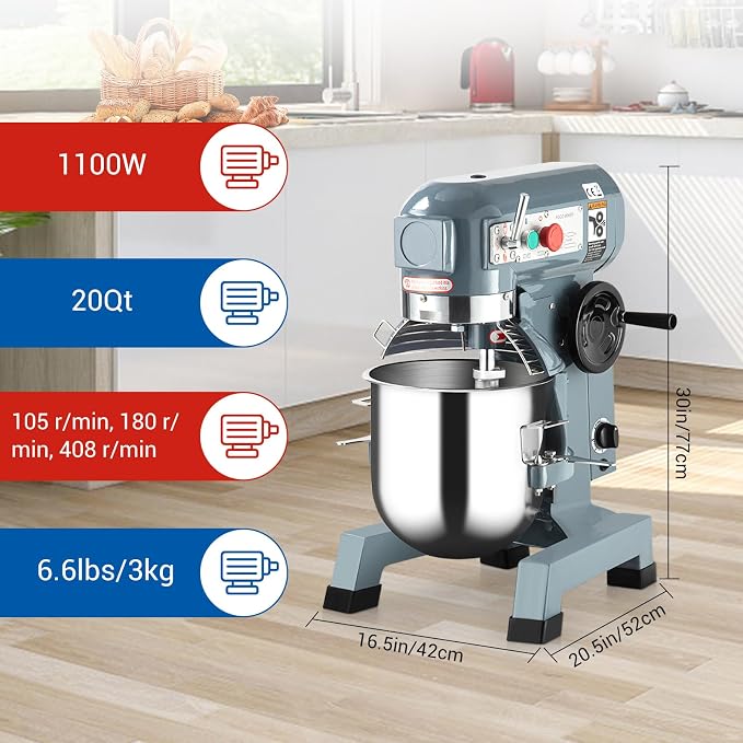Commercial Food Mixer 20Qt, Heavy Duty Commercial Stand Mixer with 3 Speeds Adjustable, 1100W Electric Dough Mixer with Stainless Steel Bowl, Dough Mixer Timing Function for Bakeries Pizzerias