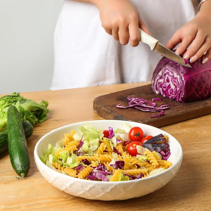 Sureasy Pasta Bowls Set of 4, 30oz Large Ceramic Embossed Bowl Plates, 8.5 Inch Wide and Shallow Plate Bowls, Salad Bowl, Microwave, Oven & Dishwasher Safe, White