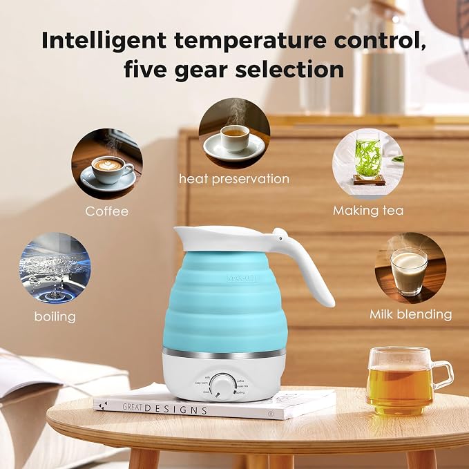 Travel Foldable Electric Kettle - 110V 700ml Collapsible Kettle Blue | 850W Small BPA-free Tea Pot for Camping Food Grade Silicone Travel Electric Collapsible Kettle for Tea & Coffee