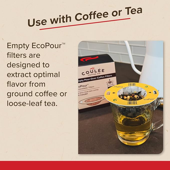 EcoPour Empty Pour Over Coffee Filters, PLA Mesh, 50 Pack | Use with Coulee Swirl machine or with most mugs. Coffee or loose leaf tea; For camping & travel; eco-friendly PLA mesh