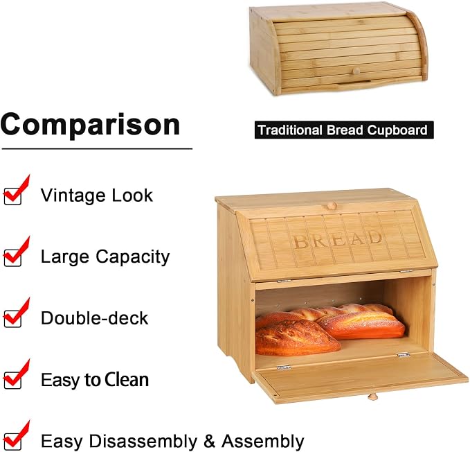 HOMEKOKO Vintage Double Layer Large Bread Box, Retro Design, Natural Bamboo | Keeps Bread Fresh 3-4 Days, 2-Tier Capacity Fits 2+ Loaves,Suitable For Farmhouse/Rustic Kitchens Use, Retro Design