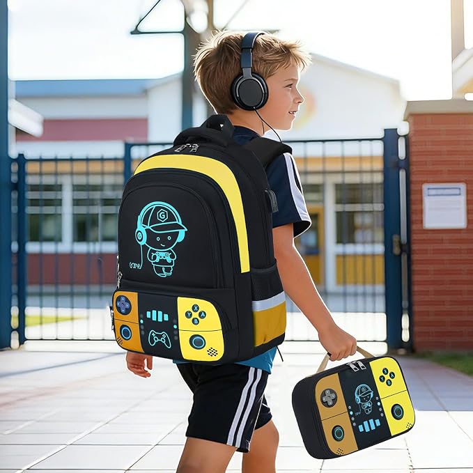 Backpack for School Boys, Cool Luminous Gamer Boys Schoolbag | with Lunch Box & Pencil Case Set for Kids Teens Elementary Middle School, Bookbag Glow In The Dark