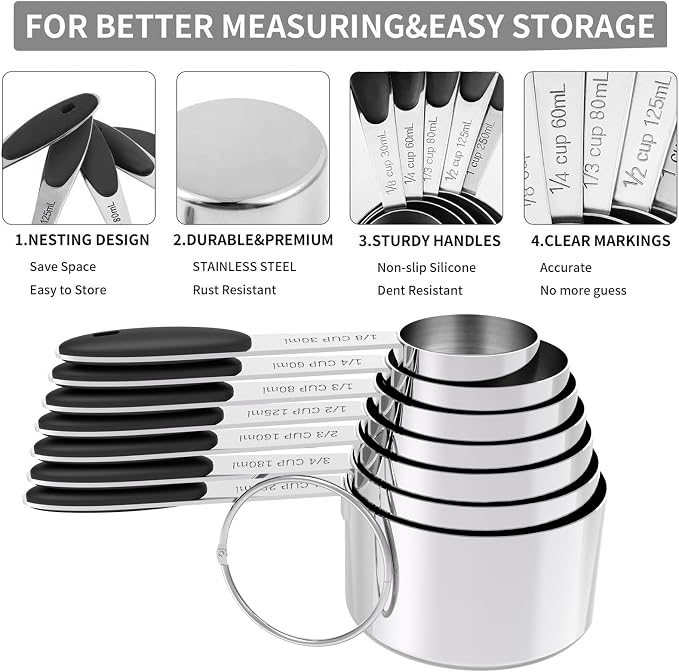 Stainless Steel Measuring Cups and Spoons Set with Silicone Handle – Nesting Design for Space-Saving, Heavy Duty & Dishwasher Safe for Dry/Liquid Ingredients, Cooking & Baking (12)