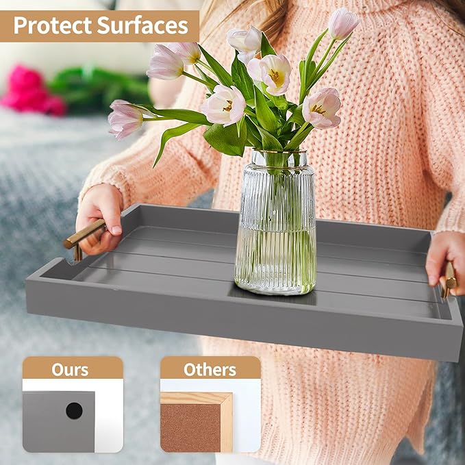 SXNOWS Wooden Serving Tray with 2 Sets of Handles,Gray | 16.5x13 Inch Large Ottoman Tray Platter for Coffee Table Living Room Breakfast in Bed Party, 4 Round Coasters Included