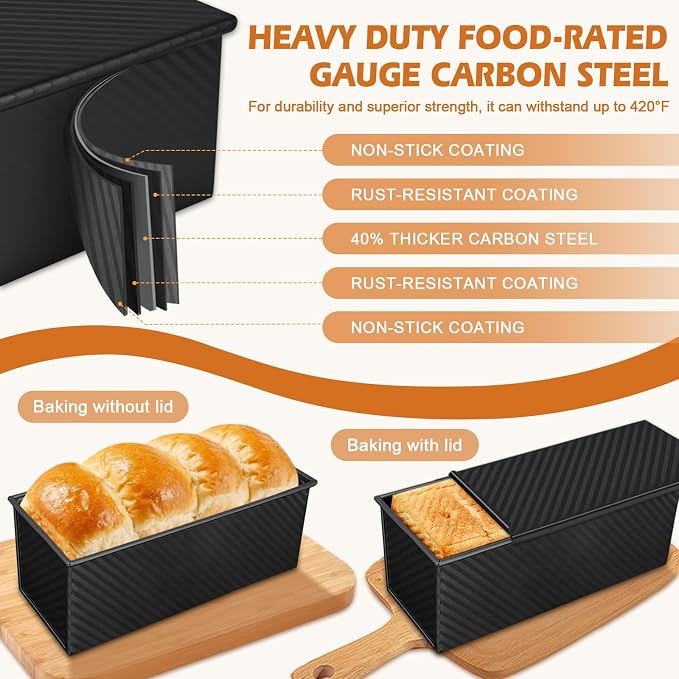 2.2lb Pullman Loaf Pan with Lid, Nonstick Carbon Steel Square Bread Pan for Baking Shokupan, Sandwich, Pain de Mie & Sourdough – Includes 6 Bonus Tools
