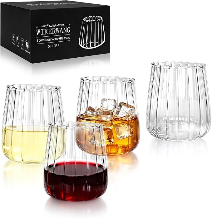 Hand Blown Stemless Wine Glasses Set of 4, 17 oz Borosilicate Glasses with Vertical Ribbed Interior, Lead-Free, Dishwasher Safe, for Red or White Wine and Cocktails